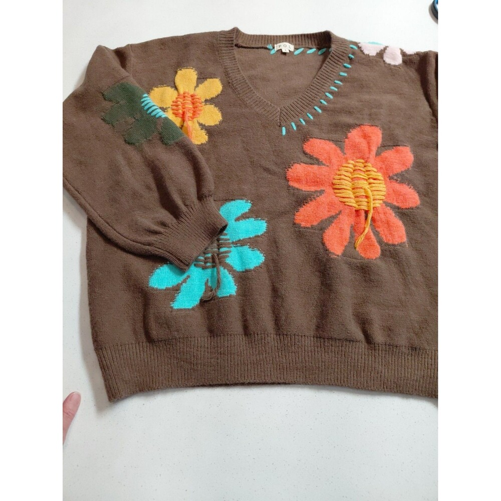 POL Women's V-Neck Sweater Chocolate Brown with Textured Flowers size Large
